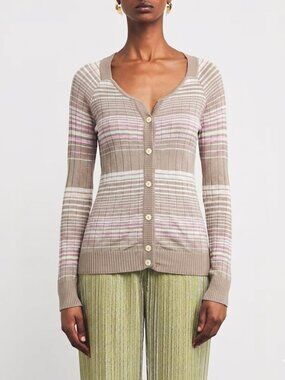 M Missoni Italy Knit Cardigan Beige Pink Striped Button-Up Cream Viscose 42 US 6